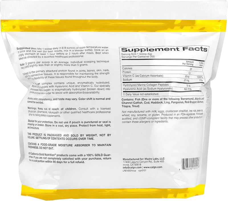 California Gold Nutrition, CollagenUP, collagène hydrolysé marin + acide hyaluronique + vitamine C, Sans saveur  (1 kg)